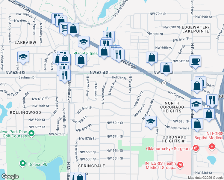 map of restaurants, bars, coffee shops, grocery stores, and more near 4137 Northwest 62nd Street in Oklahoma City