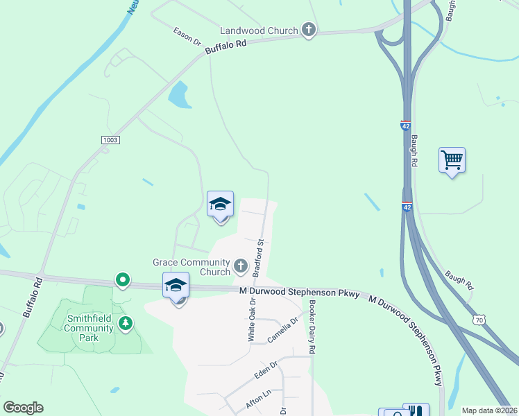 map of restaurants, bars, coffee shops, grocery stores, and more near 4 Edgewater Drive in Smithfield