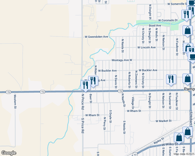 map of restaurants, bars, coffee shops, grocery stores, and more near 400 North Rider Street in Pampa