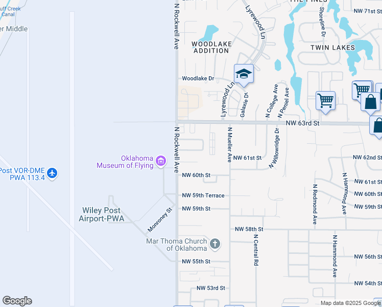 map of restaurants, bars, coffee shops, grocery stores, and more near 7012 Northwest 61st Terrace in Bethany