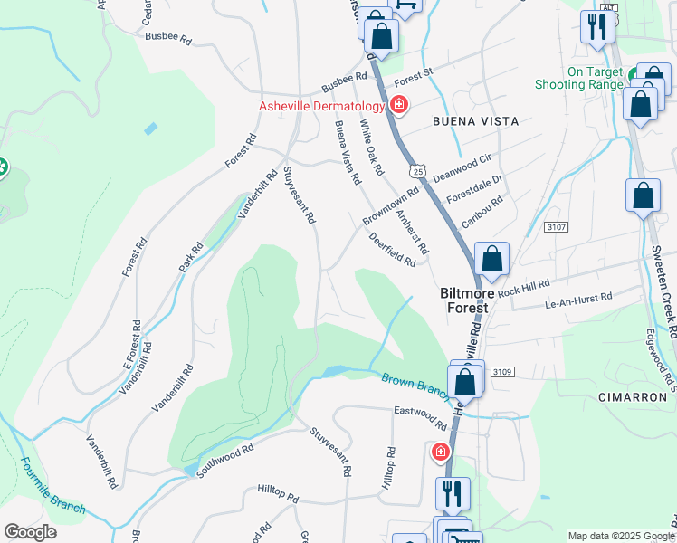map of restaurants, bars, coffee shops, grocery stores, and more near 26 Browntown Road in Biltmore Forest