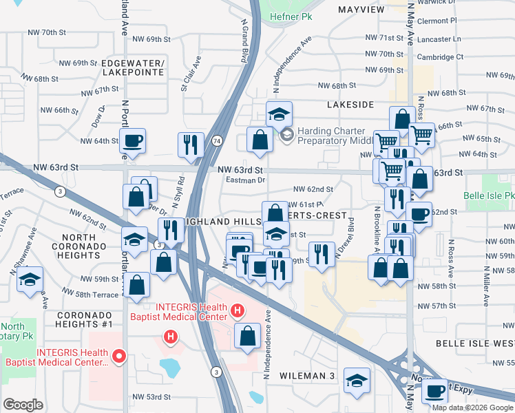 map of restaurants, bars, coffee shops, grocery stores, and more near 3305 Goodger Drive in Oklahoma City
