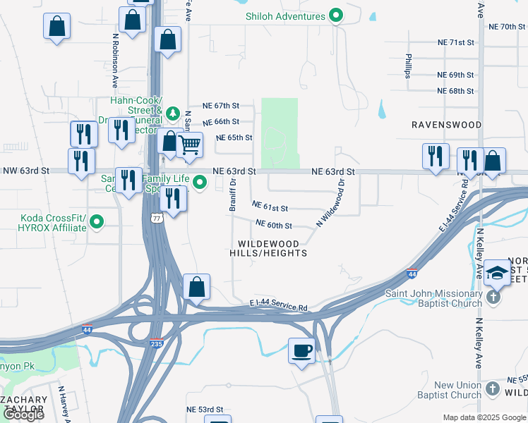 map of restaurants, bars, coffee shops, grocery stores, and more near 304 Northeast 61st Street in Oklahoma City