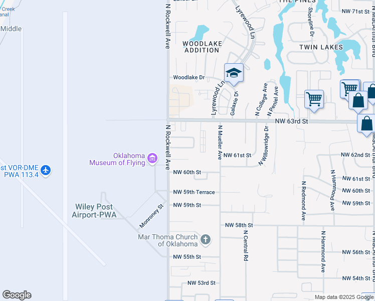 map of restaurants, bars, coffee shops, grocery stores, and more near 7012 Northwest 61st Terrace in Bethany
