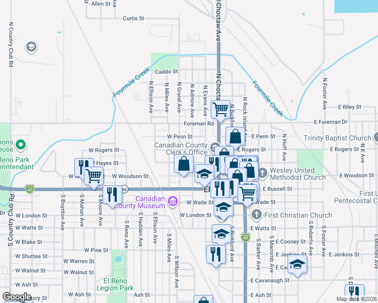 map of restaurants, bars, coffee shops, grocery stores, and more near 219 North Admire Avenue in El Reno