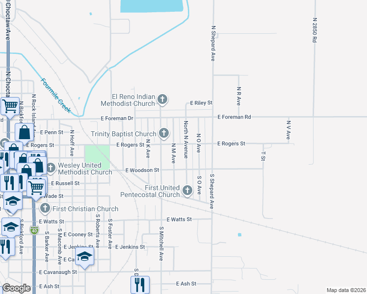 map of restaurants, bars, coffee shops, grocery stores, and more near 139 North North Avenue in El Reno
