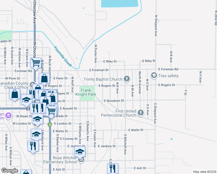 map of restaurants, bars, coffee shops, grocery stores, and more near 147 North Donald Avenue in El Reno