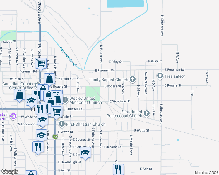 map of restaurants, bars, coffee shops, grocery stores, and more near 147 North Donald Avenue in El Reno