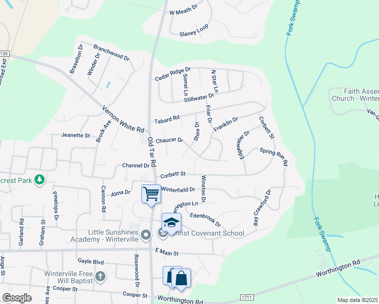 map of restaurants, bars, coffee shops, grocery stores, and more near 590 Chaucer Drive in Winterville