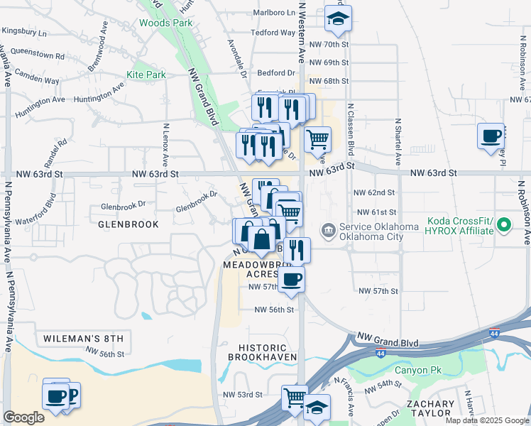map of restaurants, bars, coffee shops, grocery stores, and more near 6048-6144 NW Grand Blvd in Oklahoma City