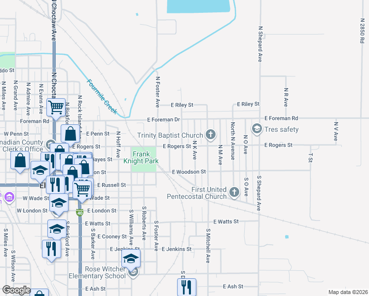 map of restaurants, bars, coffee shops, grocery stores, and more near 147 North Donald Avenue in El Reno