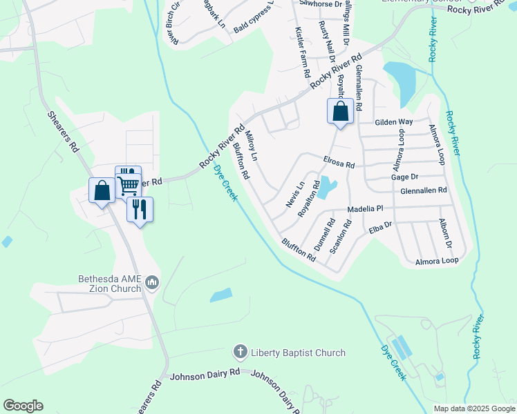 map of restaurants, bars, coffee shops, grocery stores, and more near 150 Bluffton Road in Mooresville