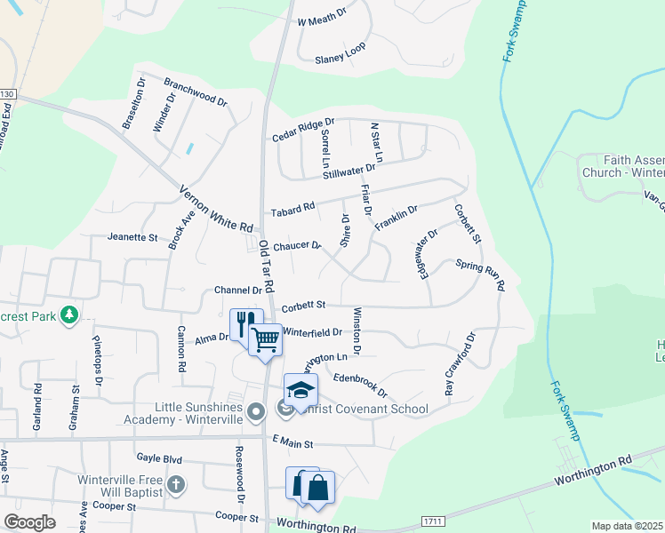 map of restaurants, bars, coffee shops, grocery stores, and more near 590 Chaucer Drive in Winterville