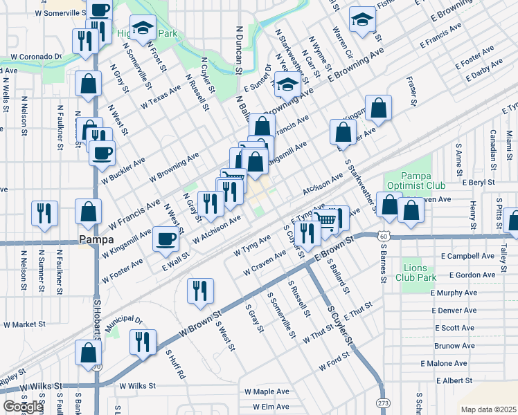 map of restaurants, bars, coffee shops, grocery stores, and more near 115 South Russell Street in Pampa