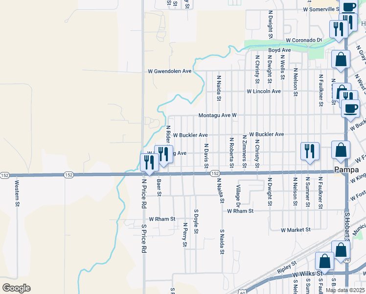 map of restaurants, bars, coffee shops, grocery stores, and more near 400-498 North Perry Street in Pampa