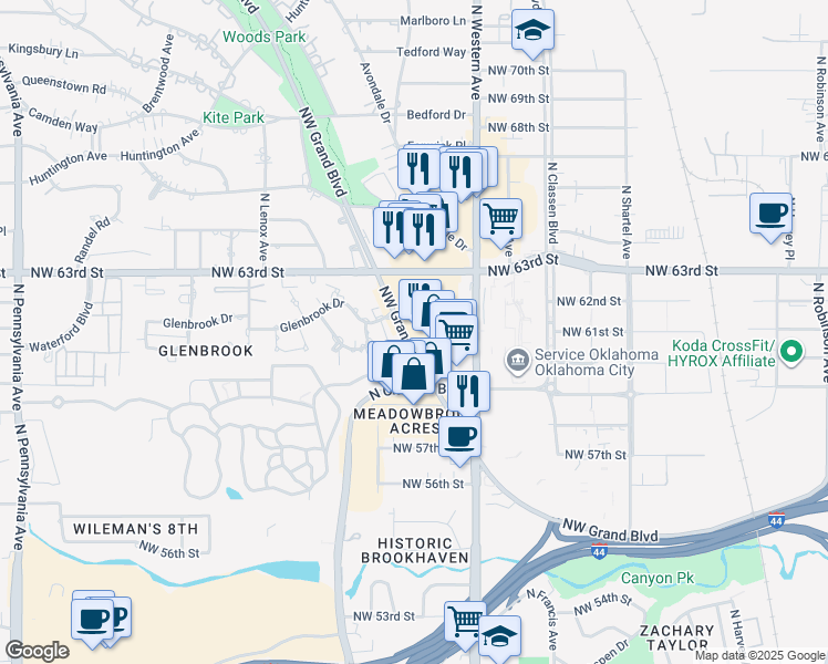 map of restaurants, bars, coffee shops, grocery stores, and more near 6048 Northwest Grand Boulevard in Oklahoma City
