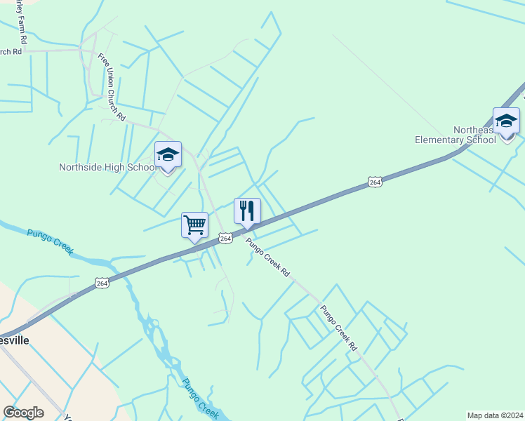 map of restaurants, bars, coffee shops, grocery stores, and more near 20109 U.S. 264 in Pinetown