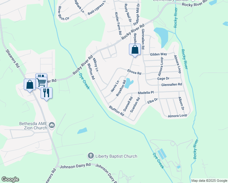 map of restaurants, bars, coffee shops, grocery stores, and more near 120 Nevis Lane in Mooresville