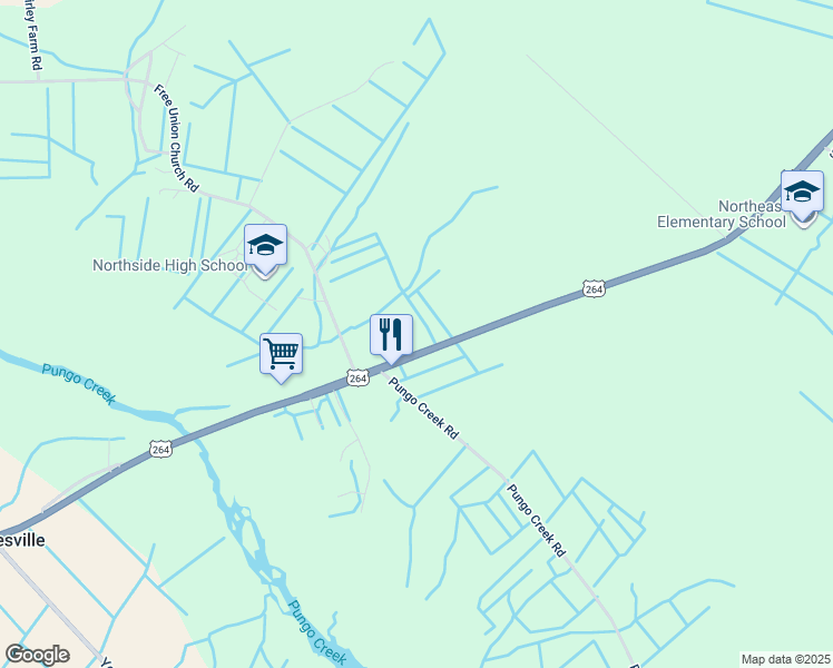 map of restaurants, bars, coffee shops, grocery stores, and more near 20109 U.S. 264 in Pinetown