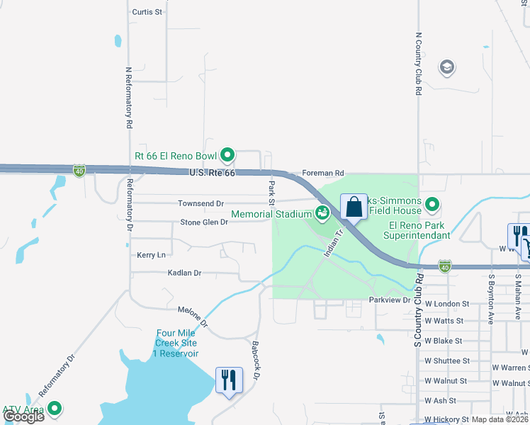 map of restaurants, bars, coffee shops, grocery stores, and more near 2400 Stone Glen Drive in El Reno