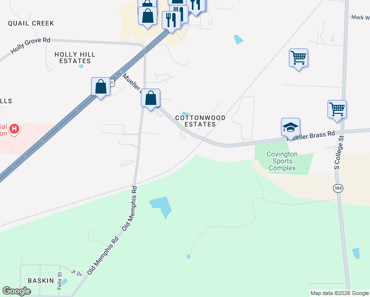 map of restaurants, bars, coffee shops, grocery stores, and more near 375 Mueller Brass Rd in Covington
