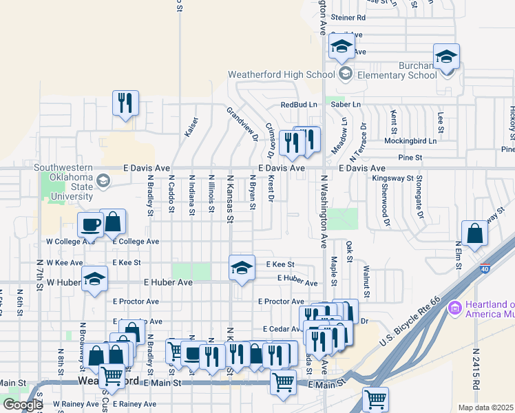 map of restaurants, bars, coffee shops, grocery stores, and more near 920 North Bryan Street in Weatherford