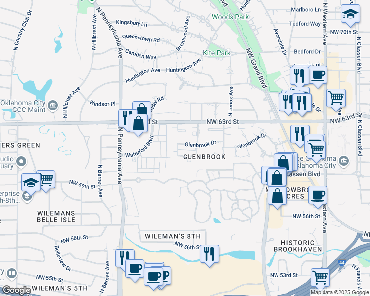 map of restaurants, bars, coffee shops, grocery stores, and more near 1516 Glenbrook Drive in Oklahoma City