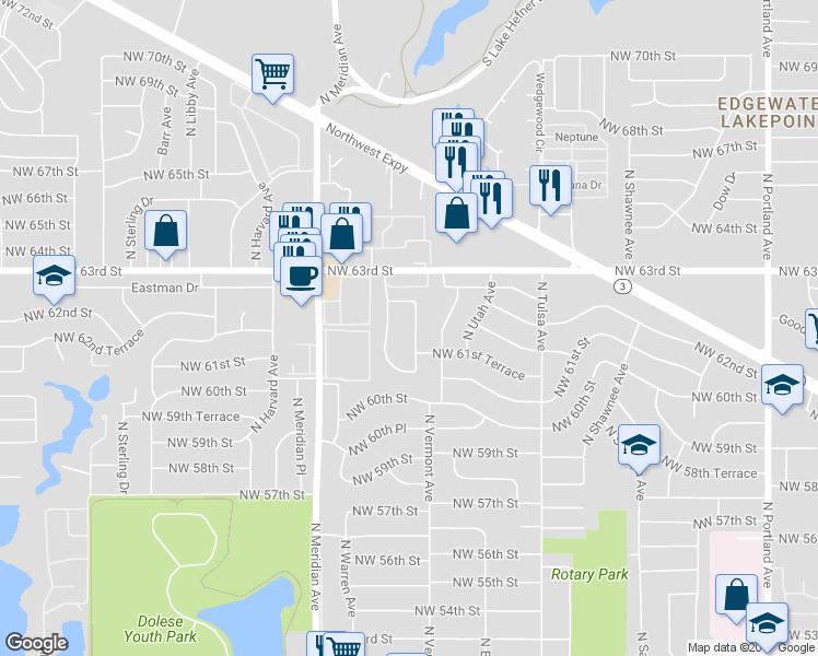 map of restaurants, bars, coffee shops, grocery stores, and more near 6217 North Allison Drive in Oklahoma City