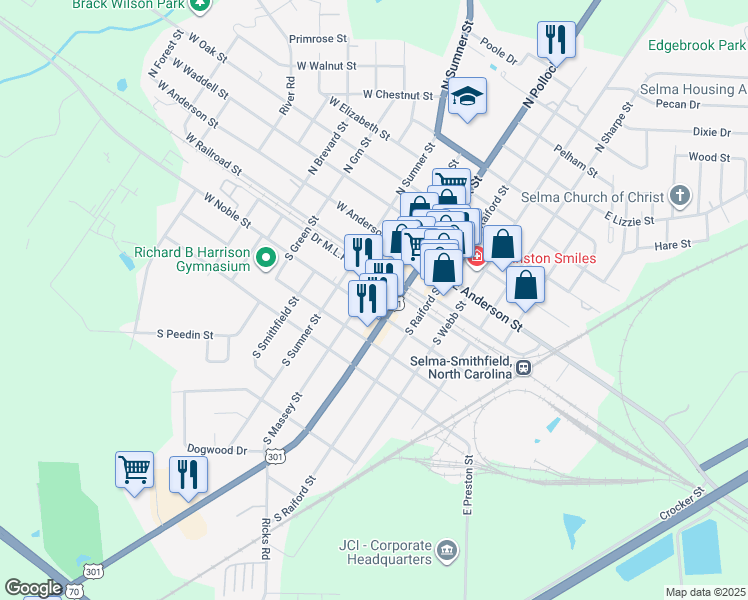 map of restaurants, bars, coffee shops, grocery stores, and more near 208 West Noble Street in Selma