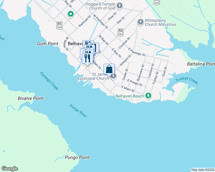 map of restaurants, bars, coffee shops, grocery stores, and more near 527 Water Street in Belhaven