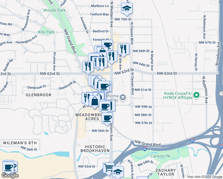 map of restaurants, bars, coffee shops, grocery stores, and more near in Oklahoma City