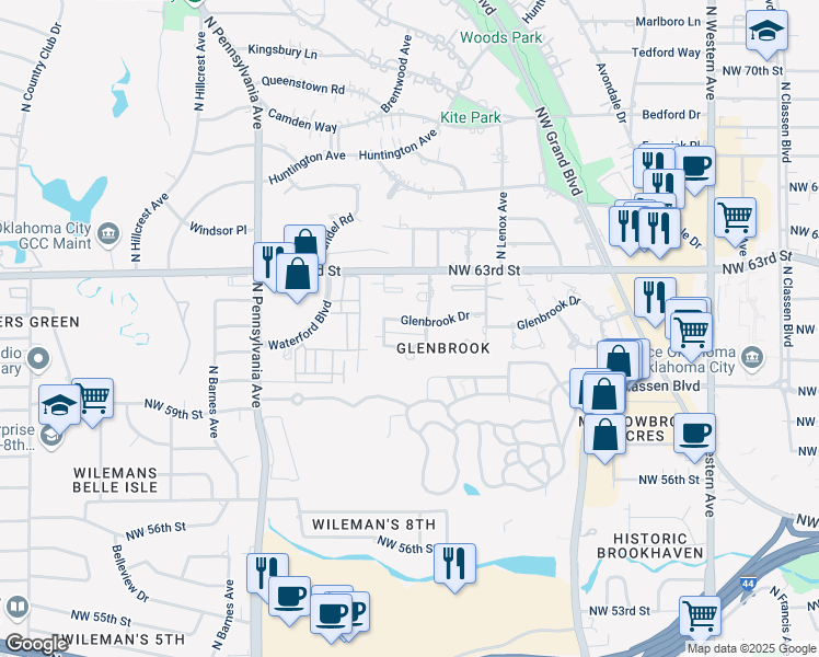 map of restaurants, bars, coffee shops, grocery stores, and more near 1516 Glenbrook Drive in Oklahoma City