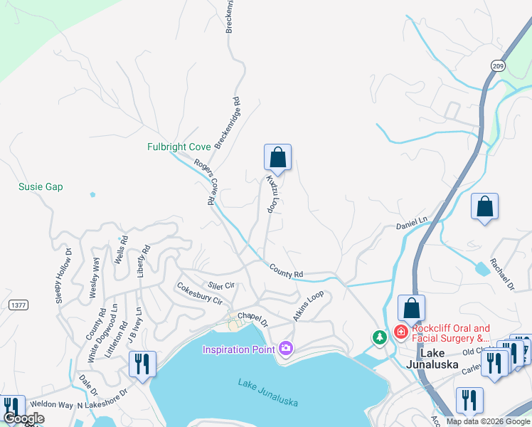 map of restaurants, bars, coffee shops, grocery stores, and more near 460 Kudzu Loop in Waynesville