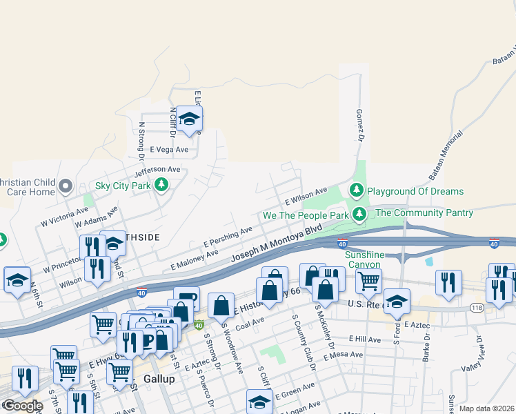 map of restaurants, bars, coffee shops, grocery stores, and more near East Wilson Avenue in Gallup
