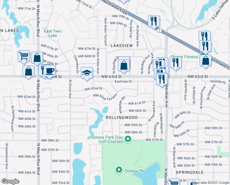 map of restaurants, bars, coffee shops, grocery stores, and more near 4801 Northwest 62nd Terrace in Oklahoma City