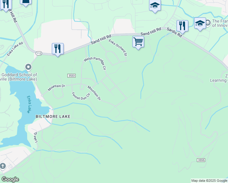 map of restaurants, bars, coffee shops, grocery stores, and more near 127 Harrop Dun Court in Buncombe County