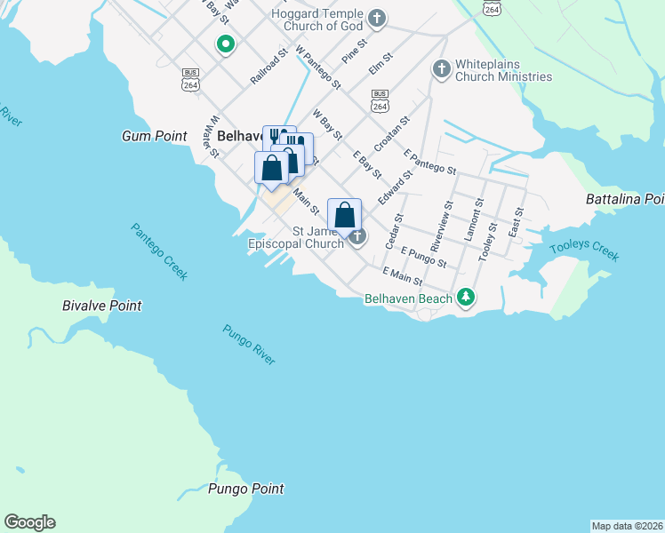 map of restaurants, bars, coffee shops, grocery stores, and more near 527 Water Street in Belhaven