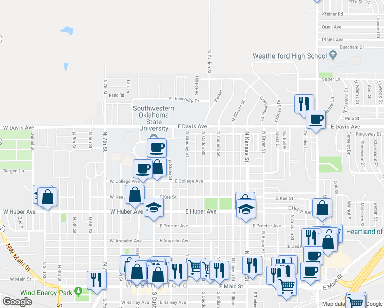 map of restaurants, bars, coffee shops, grocery stores, and more near 310 East Oklahoma Avenue in Weatherford
