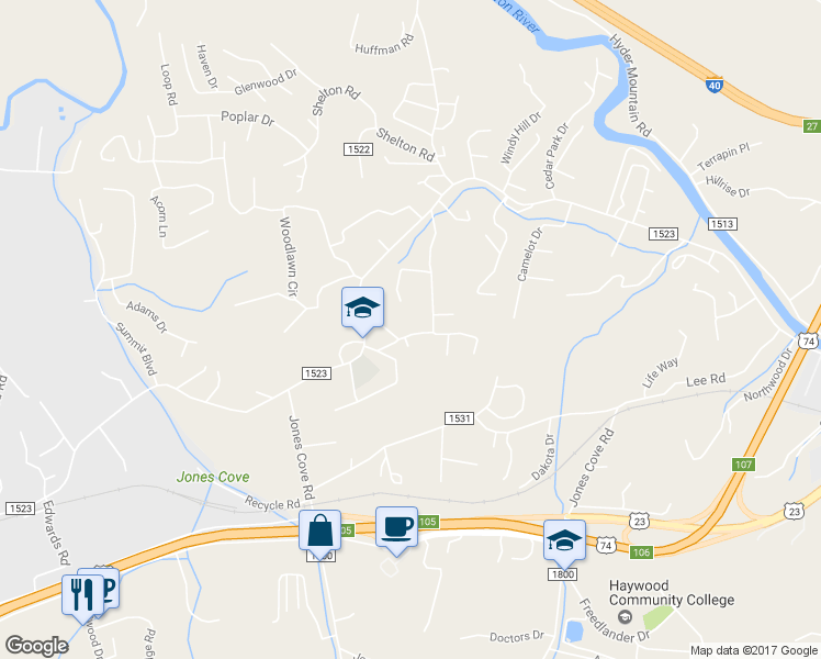 map of restaurants, bars, coffee shops, grocery stores, and more near 121 Woodland Church Road in Clyde