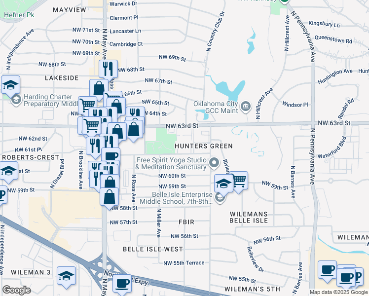 map of restaurants, bars, coffee shops, grocery stores, and more near 2225 Northwest 62nd Street in Oklahoma City