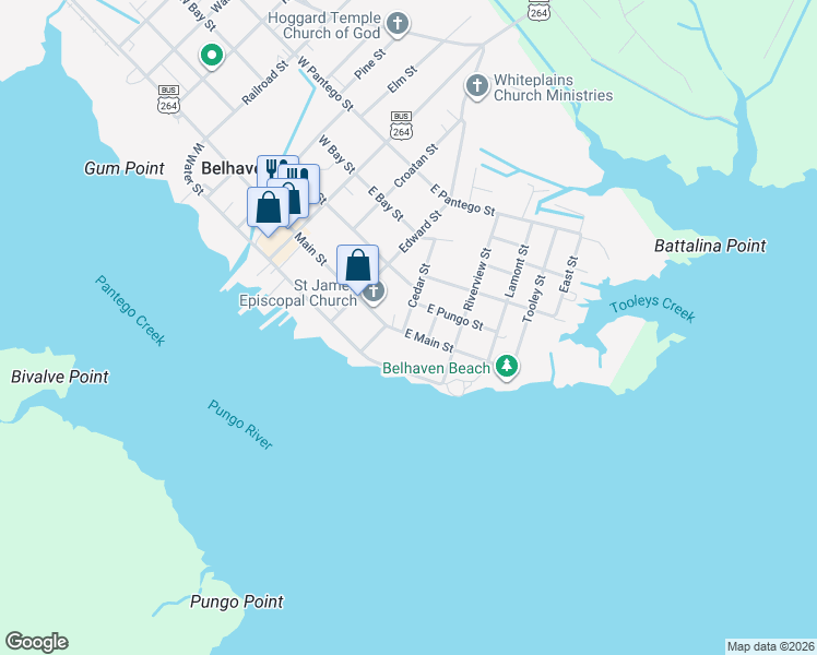 map of restaurants, bars, coffee shops, grocery stores, and more near 325 Broad Street in Belhaven
