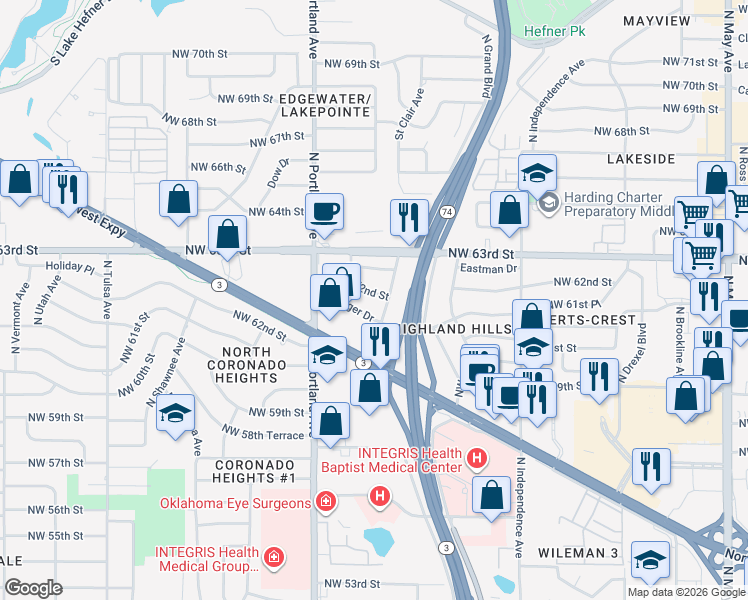map of restaurants, bars, coffee shops, grocery stores, and more near 3608 Northwest 62nd Street in Oklahoma City