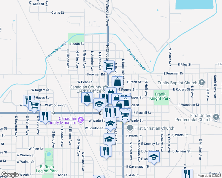 map of restaurants, bars, coffee shops, grocery stores, and more near 114 West Rogers Street in El Reno