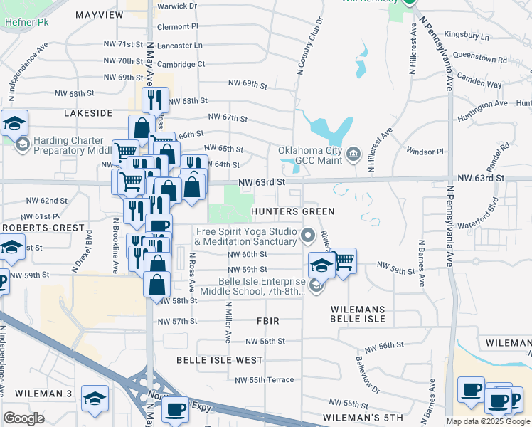 map of restaurants, bars, coffee shops, grocery stores, and more near 2225 Northwest 62nd Street in Oklahoma City