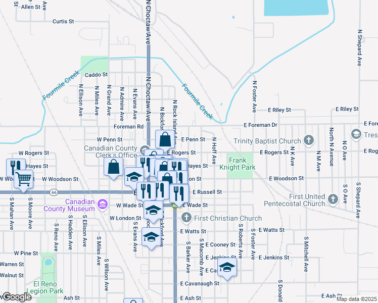 map of restaurants, bars, coffee shops, grocery stores, and more near 309 East Rogers Street in El Reno