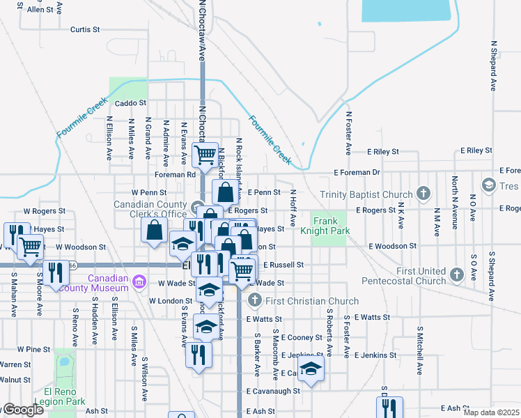 map of restaurants, bars, coffee shops, grocery stores, and more near 309 East Rogers Street in El Reno