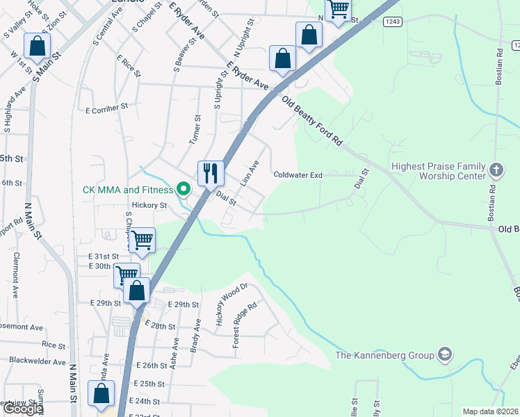 map of restaurants, bars, coffee shops, grocery stores, and more near 3625 Turner Street in Kannapolis