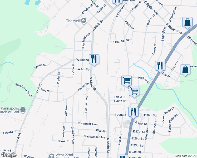 map of restaurants, bars, coffee shops, grocery stores, and more near 3150 Weddington Avenue in Landis