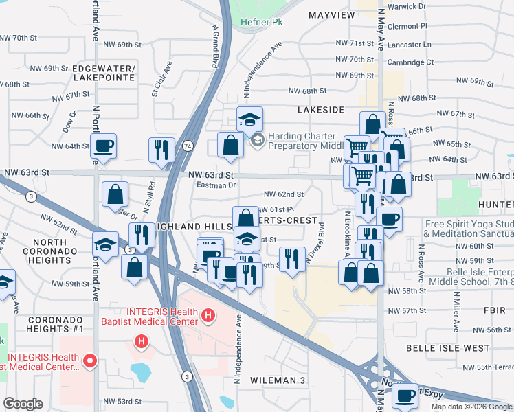 map of restaurants, bars, coffee shops, grocery stores, and more near 3209 Northwest 61st Place in Oklahoma City