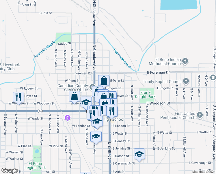 map of restaurants, bars, coffee shops, grocery stores, and more near 301 East Rogers Street in El Reno